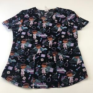 Disney cartoon girl short sleeve scrubs black and brights print Small